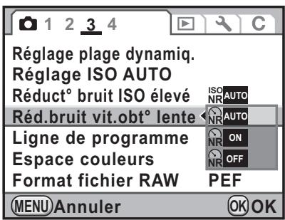 Réglage plage dynamiq. Réglage ISO AUTO Réduct° bruit ISO élevé Réd.bruit vit.obt° lente Ligne de programme Espace couleurs Format fichier RAW MENU Annuler ISO AUTO NR AUTO ON OFF PEF OK OK
