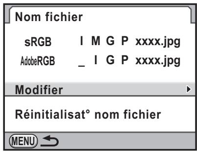 Nom fichier sRGB I M G P xxxx.jpg AdobeRGB _ I G P xxxx.jpg Modifier Réinitialisat° nom fichier MENU