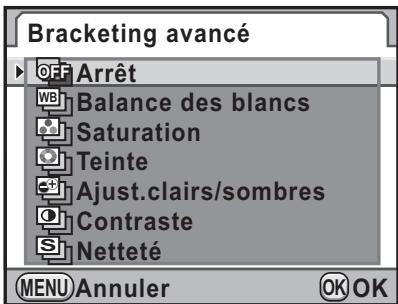Bracketing avancé Arrêt Balance des blancs Saturation Teinte Ajust.clairs/sombres Contraste Netteté MENU Annuler OK OK