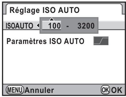 Réglage ISO AUTO ISOAUTO < 100 - 3200 Paramètres ISO AUTO MENU Annuler OK OK