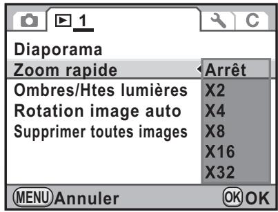 Diaporama Zoom rapide Arrêt Ombres/Htes lumières X2 Rotation image auto X4 Supprimer toutes images X8 X16 X32 MENU Annuler OK OK
