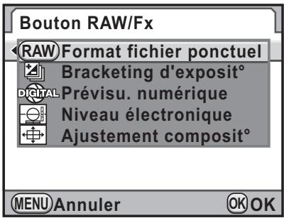 Bouton RAW/Fx RAW Format fichier ponctuel Bracketing d'exposit° Prévisu. numérique Niveau électronique Ajustement composite° MENU Annuler OK OK