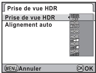 Prise de vue HDR Prise de vue HDR Alignment auto HDR OFF HDR AUTO HDR HDR HDR HDR HDR MENU Annuler OK OK