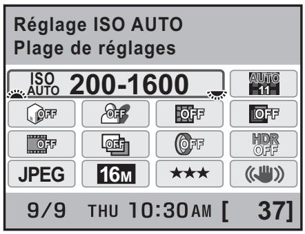 Réglage ISO AUTO Plage de réglages ISO AUTO 200-1600 OFF OFF OFF OFF JPEG 16M ★★★ 9/9 THU 10:30AM [ 37]