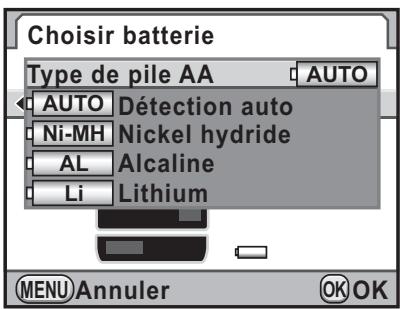 Choisir batterie Type de pile AA AUTO AUTO Détection auto Ni-MH Nickel hydride AL Alcaline Li Lithium MENU Annuler OK OK