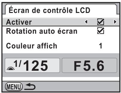 Écran de contrôle LCD Activer Rotation auto écran Couleur affich 1 1/125 F5.6 MENU