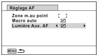 Réglage AF Zone m.au point [ ] Macro auto ✓ Lumière Aux. AF ← ✓ ► MENU →