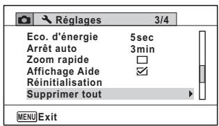Réglages 3/4 Eco. d'énergie 5sec Arrêt auto 3min Zoom rapide □ Affichage Aide ✓ Réinitialisation Supprimer tout MENU Exit