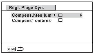 Régl. Plage Dyn. Compens.htes lum □ Compens° ombres □ MENU →
