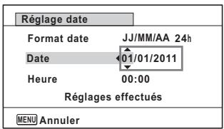 Réglage date Format date JJ/MM/AA 24h Date 01/01/2011 Heure 00:00 Réglages effectués MENU Annuler