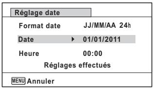 Réglage date Format date JJ/MM/AA 24h Date ▶ 01/01/2011 Heure 00:00 Réglages effectués MENU Annuler
