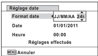 Réglage date Format date JJ/MM/AA 24h Date 01/01/2011 Heure 00:00 Réglages effectués MENU Annuler
