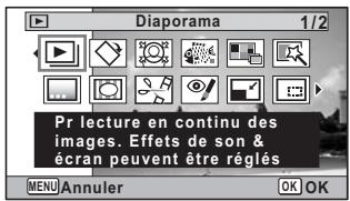 Diaporama 1/2 Pr lecture en continu des images. Effets de son & écran peuvent être réglés MENU Annuler OK OK