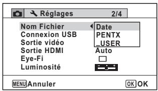 Réglages 2/4 Nom Fichier Date Connexion USB PENTX Sortie vidéo _USER Sortie HDMI Auto Eye-Fi □ Luminosité MENU Annuler OK OK