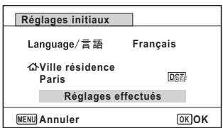 Réglages initiaux Language/言語 Français Ville résidence Paris Réglages effectués MENU Annuler OK OK