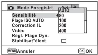 Mode Enregistrer Sensibilité AUTO Plage ISO AUTO 80 Correction IL 100 Vidéo 200 Régl. Plage Dyn. 400 Stabilisat°élect MENU Annuler OK OK
