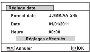 Réglage date Format date JJ/MM/AA 24h Date 01/01/2011 Heure 00:00 Réglages effectués MENU Annuler OK OK