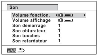 Son Volume fonction. Volume affichage Son démarrage 1 Son obturateur 1 Son touches 1 Son retardateur 1 MENU