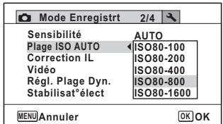 Mode Enregistrt 2/4 Sensibilité AUTO Plage ISO AUTO ISO80-100 Correction IL ISO80-200 Vidéo ISO80-400 Régl. Plage Dyn. ISO80-800 Stabilisat°élect ISO80-1600 MENU Annuler OK OK