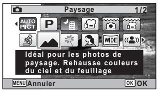 Paysage 1/2 AUTO PICT P WIDE Idéal pour les photos de paysage. Rehausse couleurs du ciel et du feuillage MENU Annuler OK OK