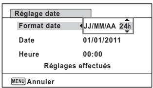 Réglage date Format date JJ/MM/AA 24h Date 01/01/2011 Heure 00:00 Réglages effectués MENU Annuler