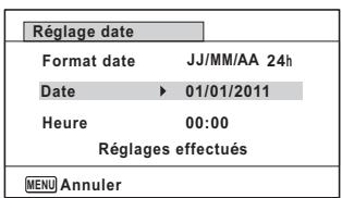 Réglage date Format date JJ/MM/AA 24h Date ▶ 01/01/2011 Heure 00:00 Réglages effectués MENU Annuler