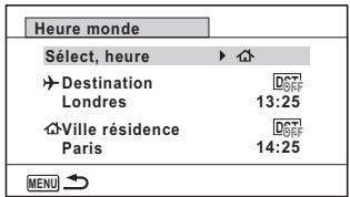Heure monde Sélect, heure ▶ →Destination DOT Londres 13:25 →Ville résidence DOT Paris 14:25 MENU →