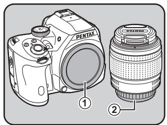 PENTAX K-50, K50, K50, K50, K50, K50, K50 - Retirez le bouchon de boîtier (1) et le cache de la monture de l'objet (2). - 1