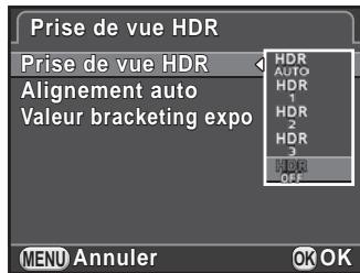 PENTAX K-50,  K50,  K50,  K50,  K50,  K50,  K50 - Sélectionnez [prise de vue HDR] dans le menu [mode pr. de vue 1] et appuyez sur le bouton de navigation (▶). - 1