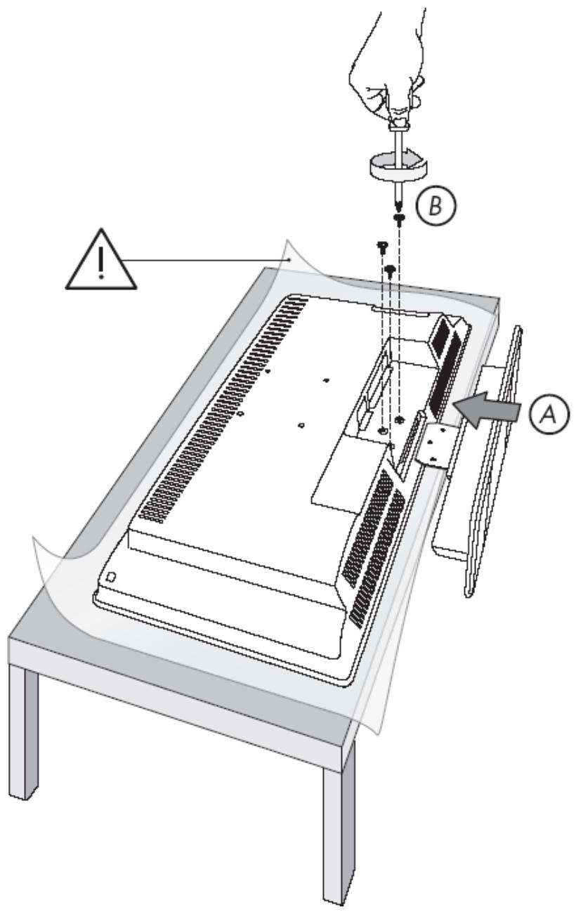 Diagram of a device assembly with labeled parts and warning indicators, showing hand operating a component.