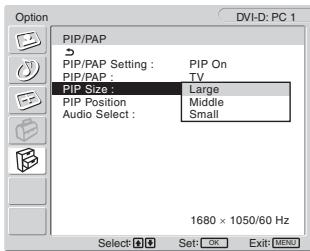 SONY MFM-HT205 - Posługując się przyciskami ↑/↓ wybierz „PIP Size” i naciśnij przycisk OK. - 1