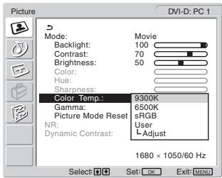 SONY MFM-HT205 - ■ Ajustar “Color Temp.” (apenas para PC 1/PC 2) - 1