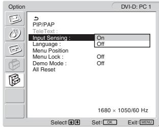 SONY MFM-HT205 - Stiskněte tlačítka ↑/↓ pro volbu „Input Sensing“ a pak stiskněte tlačítko OK. - 1