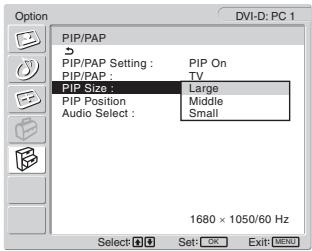 SONY MFM-HT205 - Stiskněte tlačítka ↑/↓ pro volbu „PIP Size“ a pak stiskněte tlačítko OK. - 1