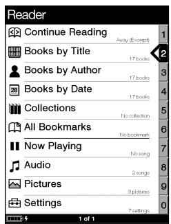 SONY PSR-505 - Dans le menu d'accueil, appuyez sur / pour selectionner « Books by Title », « Books by Author » ou « Books by Date », puis appuyez sur Entrée. - 1