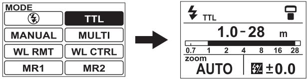MODE TTL MANUAL MULTI WL RMT WL CTRL MR1 MR2 1.0 - 28 m 0.7 1 2 4 8 16 28 zoom AUTO ±0.0