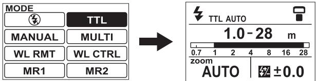 MODE TTL MANUAL MULTI WL RMT WL CTRL MR1 MR2 TTL AUTO 1.0 - 28 m 0.7 1 2 4 8 16 28 zoom AUTO ±0.0
