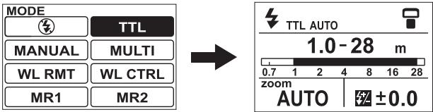 MODE TTL MANUAL MULTI WL RMT WL CTRL MR1 MR2 TTL AUTO 1.0 - 28 m 0.7 1 2 4 8 16 28 zoom AUTO ±0.0