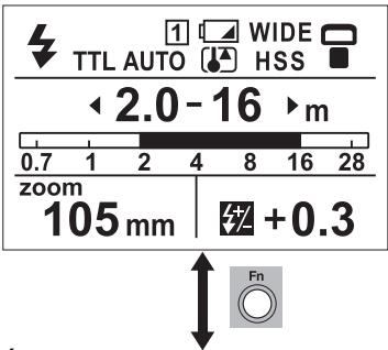 TTL AUTO WIDE HSS < 2.0 - 16 > m 0.7 1 2 4 8 16 28 zoom 105 mm +0.3 Fn