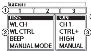 MENII ① 1 2 3 HSS WL CH WL CTRL BEEP MANUAL MODE ON CH1 CTRL+ HIGH MANUAL