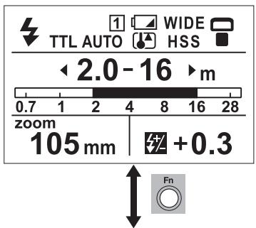 TTL AUTO WIDE HSS < 2.0 - 16 > m 0.7 1 2 4 8 16 28 zoom 105 mm +0.3 Fn