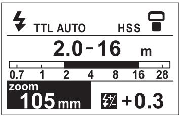 TTL AUTO HSS 2.0 - 16 m 0.7 1 2 4 8 16 28 zoom 105 mm +0.3