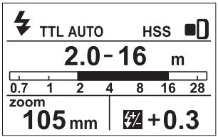 TTL AUTO HSS 2.0 - 16 m 0.7 1 2 4 8 16 28 zoom 105 mm +0.3