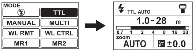 MODE TTL MANUAL MULTI WL RMT WL CTRL MR1 MR2 TTL AUTO 1.0 - 28 m 0.7 1 2 4 8 16 28 zoom AUTO ±0.0