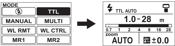 MODE TTL MANUAL MULTI WL RMT WL CTRL MR1 MR2 TTL AUTO 1.0 - 28 m 0.7 1 2 4 8 16 28 zoom AUTO ±0.0