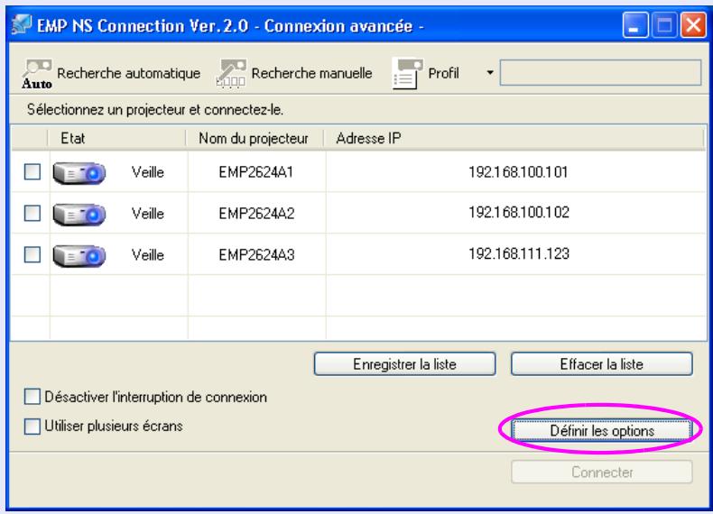 EPSON EMP-1815 - Cliquez sur le bouton "Définir les options" de l'écran principal d'EMP NS Connection. - 1
