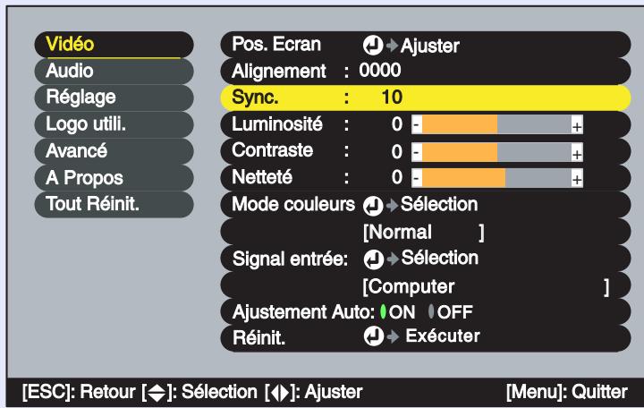 EPSON EMP-53 - Appuyez sur la touche [menu] de la télécommande, puis sélectionnez "sync." dans le menu "vidéo". - 2