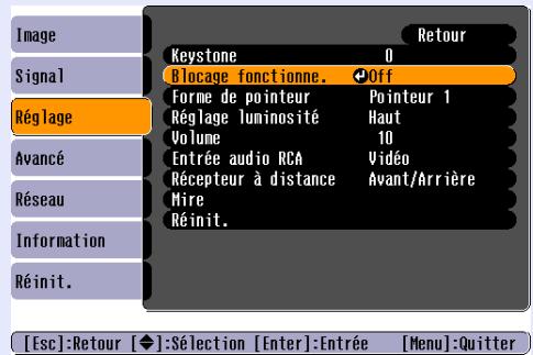 EPSON EMP-6100 - Appuyez sur le bouton [menu] puis désélectionnez "réglage" - "blocage fonctionne". "utilisation du menu de configuration" p.29 - 3
