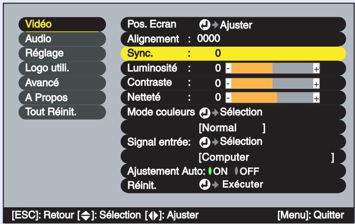 EPSON EMP-73 - Appuyez sur la touche [Menu] de la télécommande, puis sélectionnez "Sync." dans le menu "Vidéo". - 1