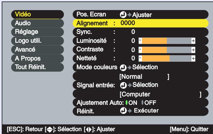 EPSON EMP-73 - Appuyez sur la touche [Menu] de la télécommande, puis sélectionnez "Alignement" dans le menu "Vidéo". - 1